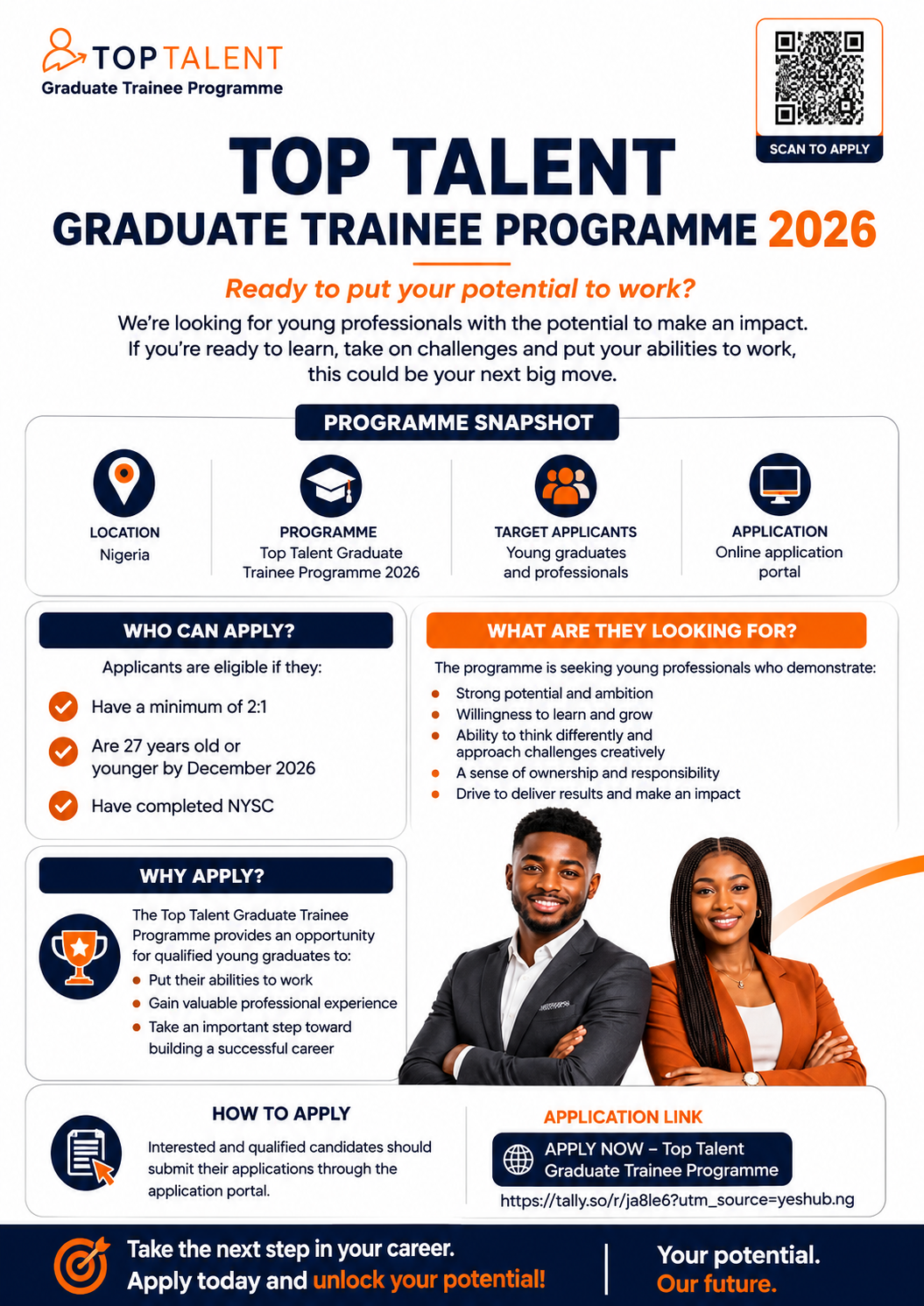 Opportunity for Nigerian Graduates with Second Class Upper and have completed NYSC at the Top Talent Graduate Trainee Programme 2026