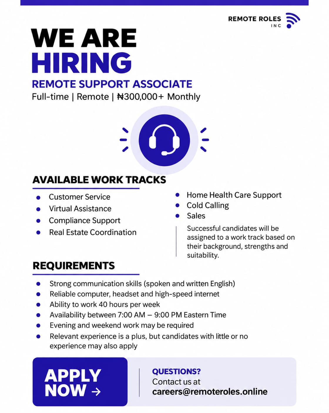 Remote Support Associate job opportunity at Remote Roles Inc.