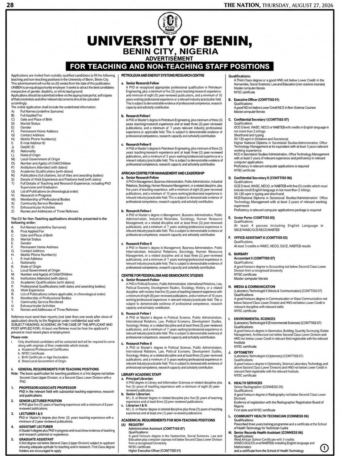 University of Benin Recruitment for Teaching and Non-Teaching Staff Positions 2026